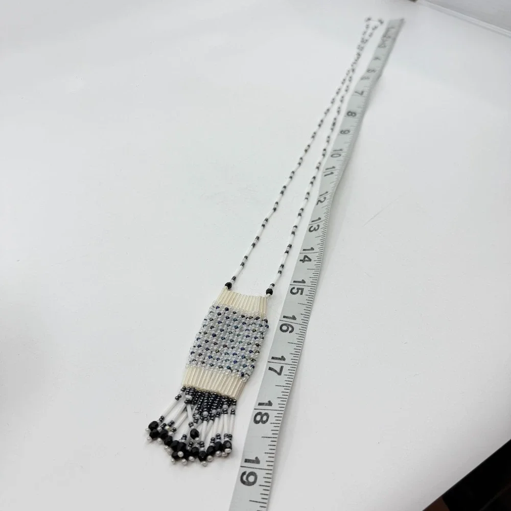 White Black Beaded Woven Fringe Pendant Necklace Boho Festival Statement Gift